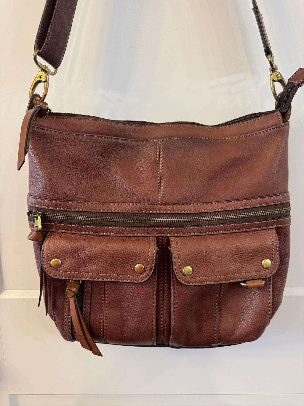Fossil Morgan North South Brown Leather Zip Top Bag